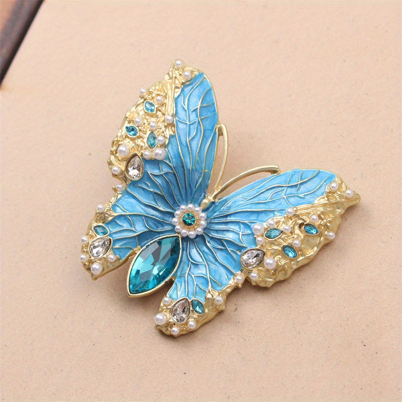 Stylish Butterfly Brooch with Rhinestones and Enamel, Fashionable Insect Pin, Unique Clothing Accessory for Women, Luxurious Design, Irregular Shape, Novelty Theme, Faux Butterfly Design