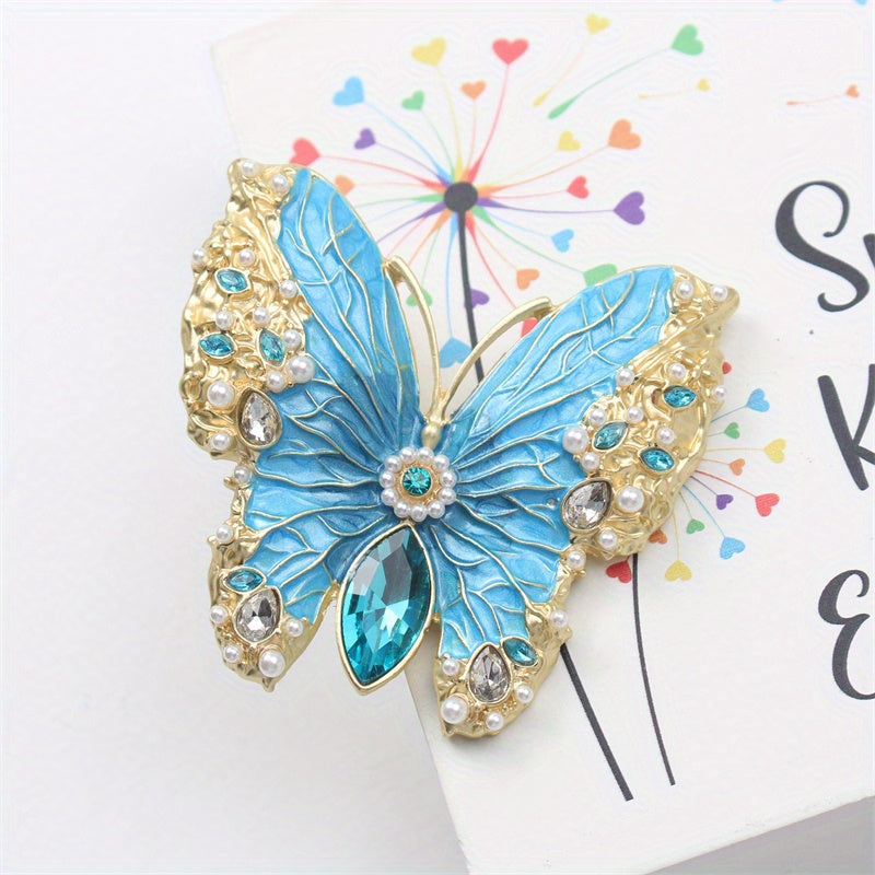 Stylish Butterfly Brooch with Rhinestones and Enamel, Fashionable Insect Pin, Unique Clothing Accessory for Women, Luxurious Design, Irregular Shape, Novelty Theme, Faux Butterfly Design