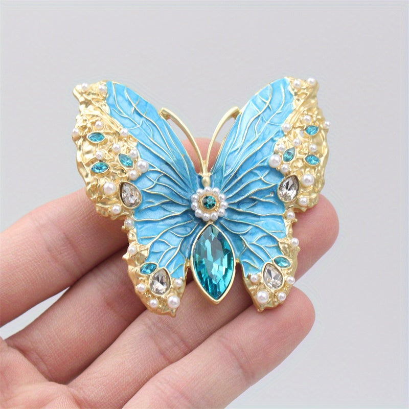 Stylish Butterfly Brooch with Rhinestones and Enamel, Fashionable Insect Pin, Unique Clothing Accessory for Women, Luxurious Design, Irregular Shape, Novelty Theme, Faux Butterfly Design