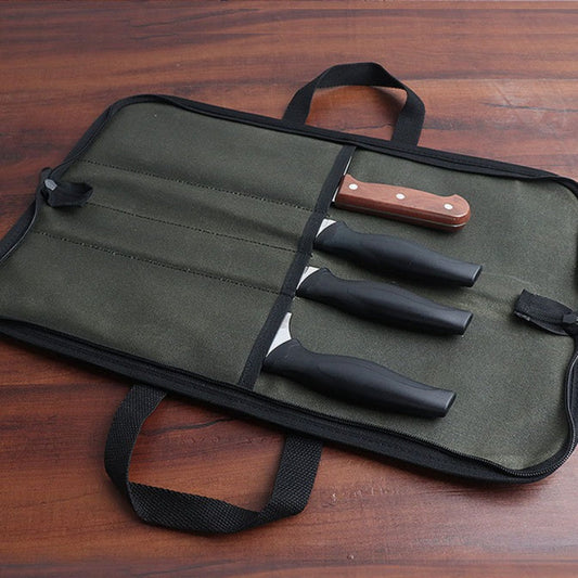 Fashionable water-resistant waxed canvas chef's knife roll bag made of durable polyester fiber. This portable kitchen utensil storage case features a handle for easy carrying of culinary tools.