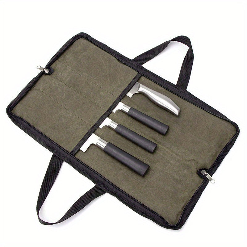 Fashionable water-resistant waxed canvas chef's knife roll bag made of durable polyester fiber. This portable kitchen utensil storage case features a handle for easy carrying of culinary tools.