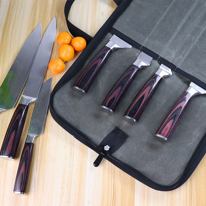 Fashionable water-resistant waxed canvas chef's knife roll bag made of durable polyester fiber. This portable kitchen utensil storage case features a handle for easy carrying of culinary tools.