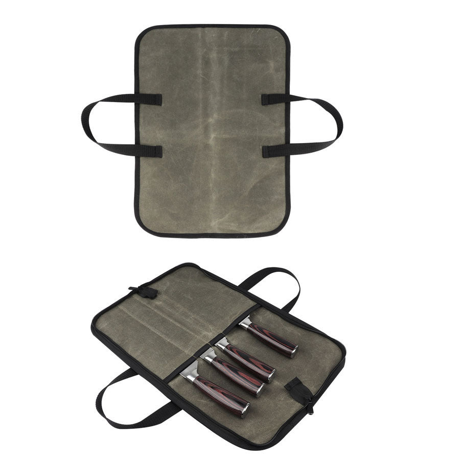 Fashionable water-resistant waxed canvas chef's knife roll bag made of durable polyester fiber. This portable kitchen utensil storage case features a handle for easy carrying of culinary tools.