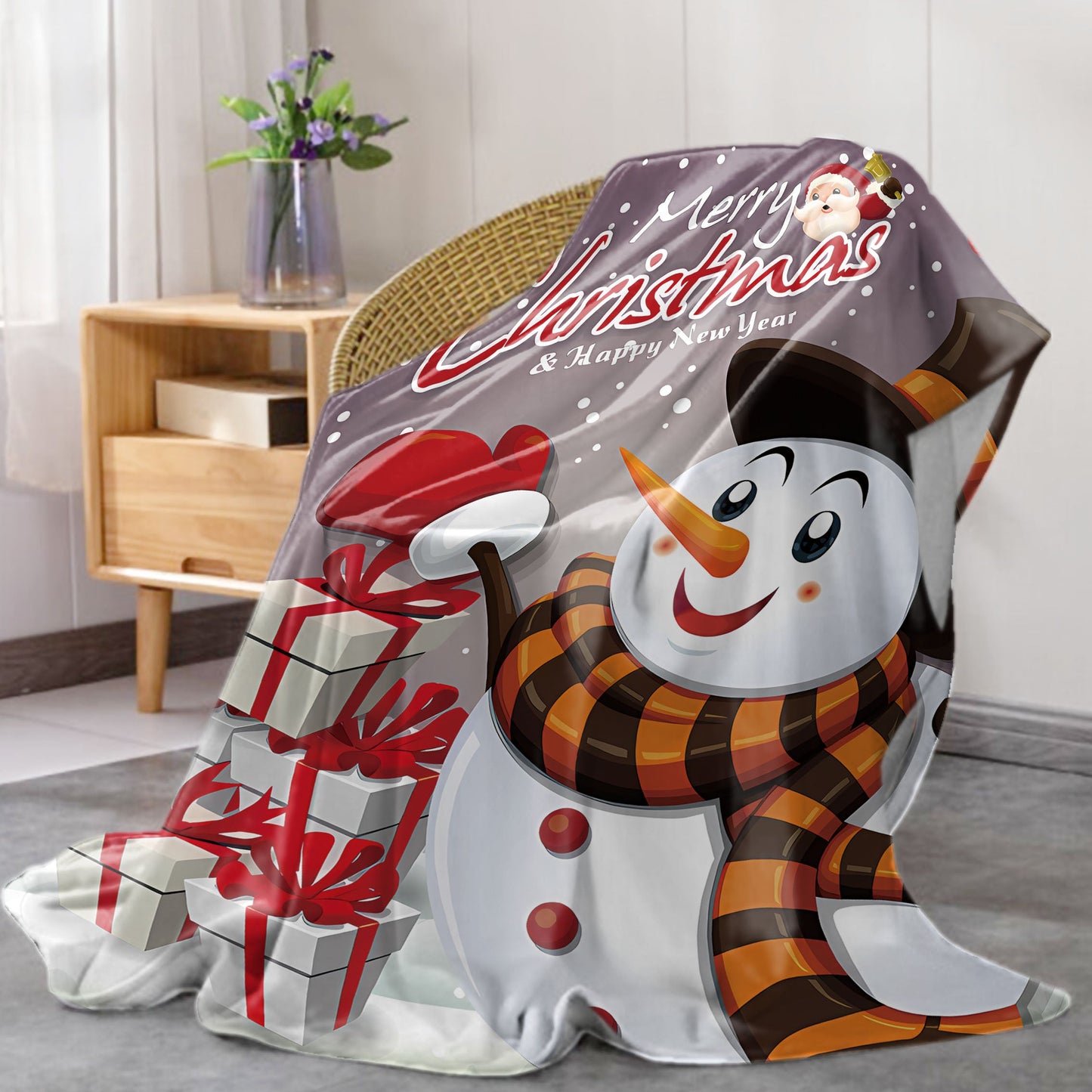 Stay cozy this holiday season with our Christmas Snowman Flannel Throw Blanket. Featuring a cute cartoon snowman and gifts design, this soft knit mid-century style blanket is perfect for all seasons. Made from digital print polyester, it's great for bed