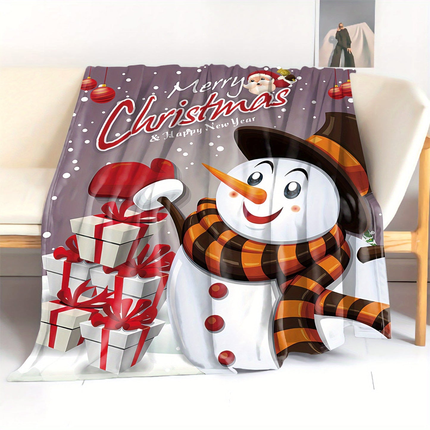 Stay cozy this holiday season with our Christmas Snowman Flannel Throw Blanket. Featuring a cute cartoon snowman and gifts design, this soft knit mid-century style blanket is perfect for all seasons. Made from digital print polyester, it's great for bed