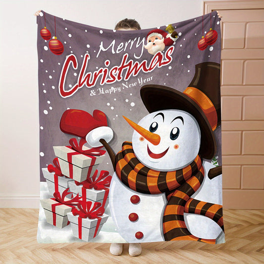 Stay cozy this holiday season with our Christmas Snowman Flannel Throw Blanket. Featuring a cute cartoon snowman and gifts design, this soft knit mid-century style blanket is perfect for all seasons. Made from digital print polyester, it's great for bed