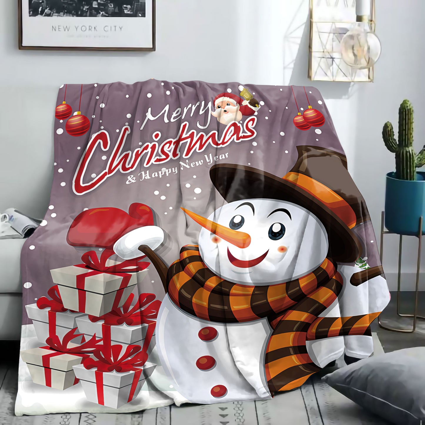 Stay cozy this holiday season with our Christmas Snowman Flannel Throw Blanket. Featuring a cute cartoon snowman and gifts design, this soft knit mid-century style blanket is perfect for all seasons. Made from digital print polyester, it's great for bed