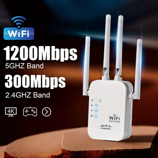 OEKE WiFi Booster: 1200Mbps Dual-Band, 2.4 & 5GHz, Connects 35 Devices, 4 Antennas, 360° Coverage, Ethernet Port, One-Click Setup, Non-Waterproof, European Standard Plug.