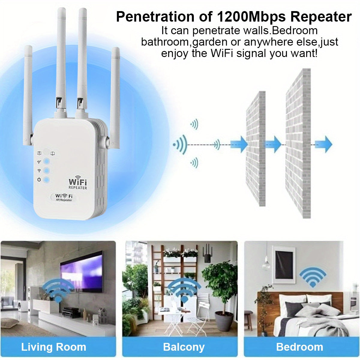 OEKE WiFi Booster: 1200Mbps Dual-Band, 2.4 & 5GHz, Connects 35 Devices, 4 Antennas, 360° Coverage, Ethernet Port, One-Click Setup, Non-Waterproof, European Standard Plug.