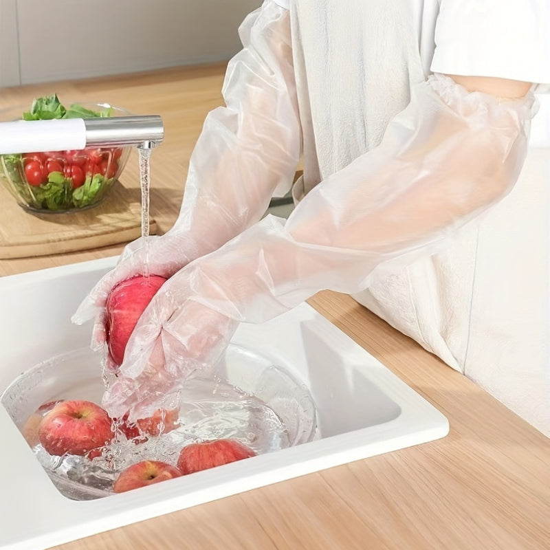 Get 20 sets of long kitchen cleaning gloves that are waterproof, oil-resistant, and durable. These comfortable plastic gloves are perfect for dishwashing, cleaning, and gardening, and they are made from alcohol-free materials.