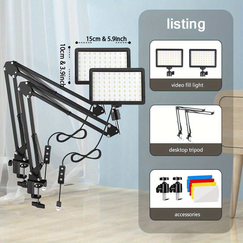 2-Pack RGB LED Video Fill Light Kit with Scissor Arm Stand, USB Powered, Durable Stainless Steel Construction