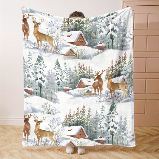 Flannel Throw Blanket featuring Deer and Snow House Design - Cozy and Soft, Perfect for All Seasons. Made from High-Quality Polyester with a Mid-Century Style Knitted Pattern and Digital Print. Lightweight and Ideal for Use on Beds, Sofas, Offices, and