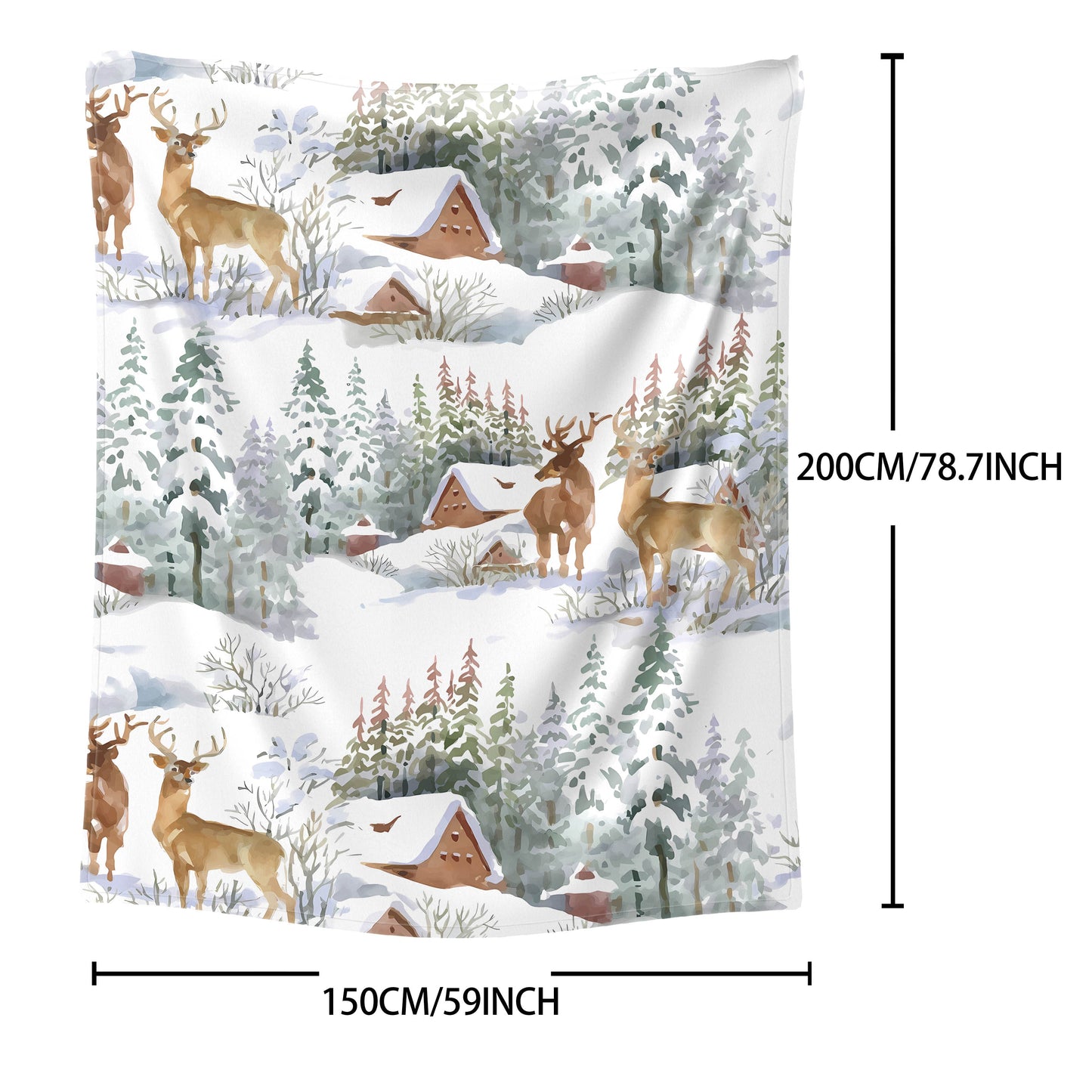 Flannel Throw Blanket featuring Deer and Snow House Design - Cozy and Soft, Perfect for All Seasons. Made from High-Quality Polyester with a Mid-Century Style Knitted Pattern and Digital Print. Lightweight and Ideal for Use on Beds, Sofas, Offices, and