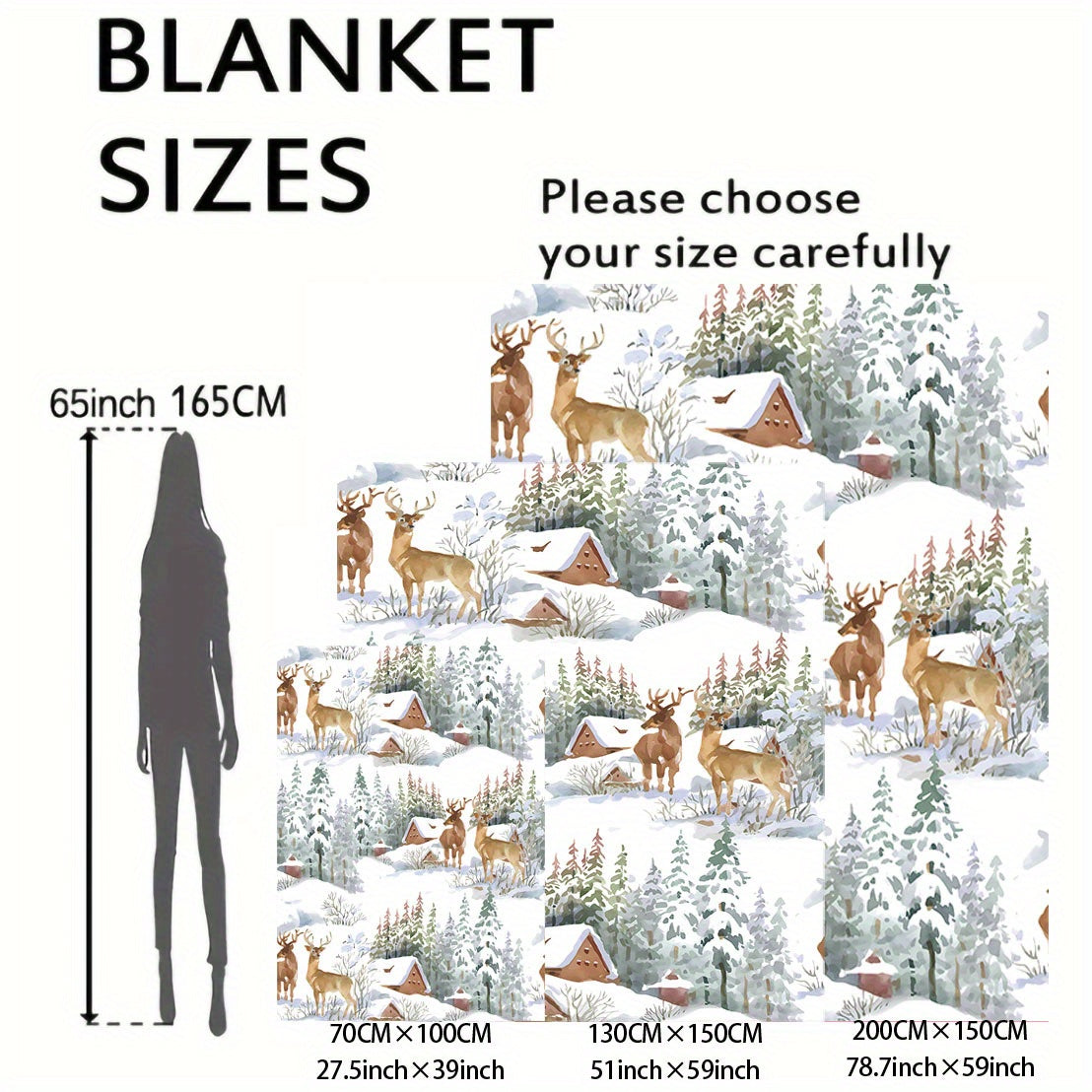 Flannel Throw Blanket featuring Deer and Snow House Design - Cozy and Soft, Perfect for All Seasons. Made from High-Quality Polyester with a Mid-Century Style Knitted Pattern and Digital Print. Lightweight and Ideal for Use on Beds, Sofas, Offices, and