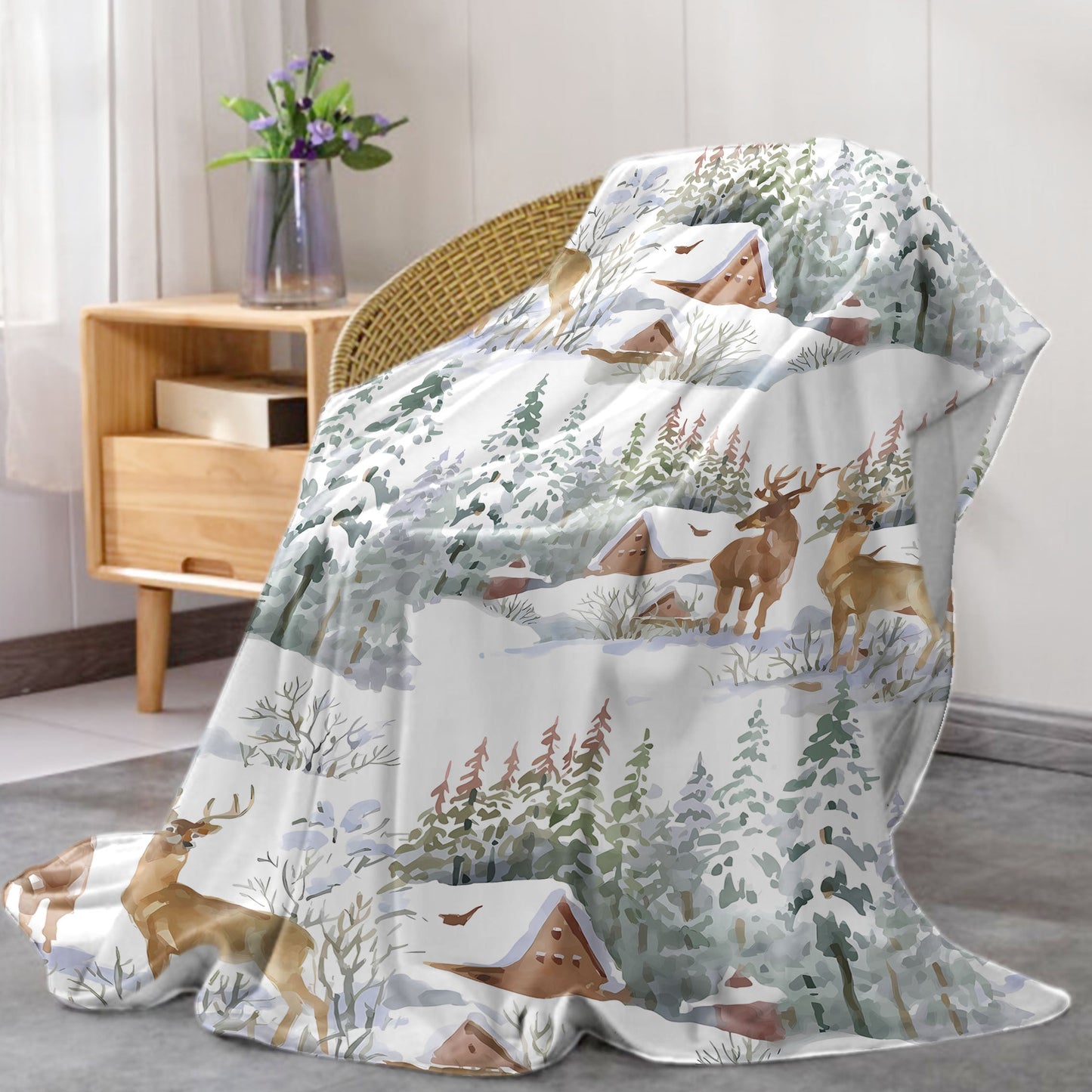 Flannel Throw Blanket featuring Deer and Snow House Design - Cozy and Soft, Perfect for All Seasons. Made from High-Quality Polyester with a Mid-Century Style Knitted Pattern and Digital Print. Lightweight and Ideal for Use on Beds, Sofas, Offices, and