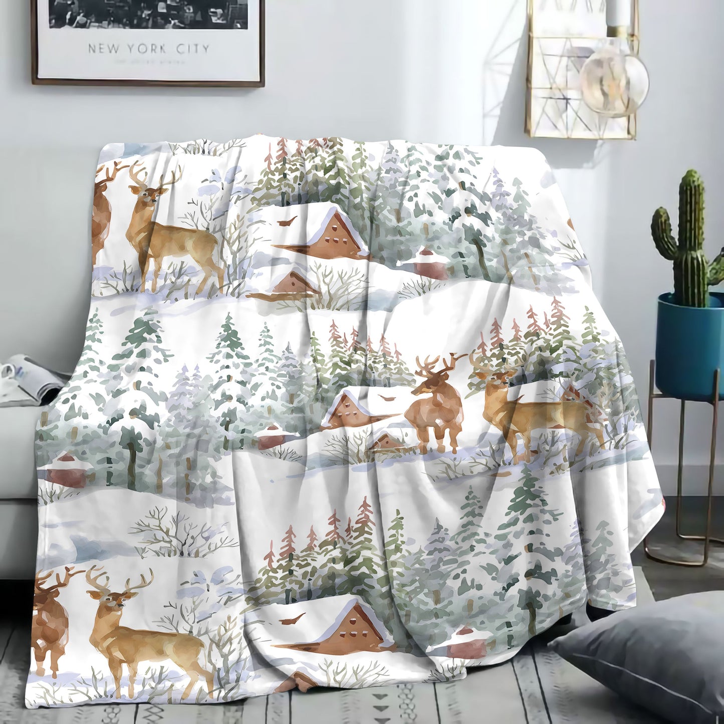 Flannel Throw Blanket featuring Deer and Snow House Design - Cozy and Soft, Perfect for All Seasons. Made from High-Quality Polyester with a Mid-Century Style Knitted Pattern and Digital Print. Lightweight and Ideal for Use on Beds, Sofas, Offices, and