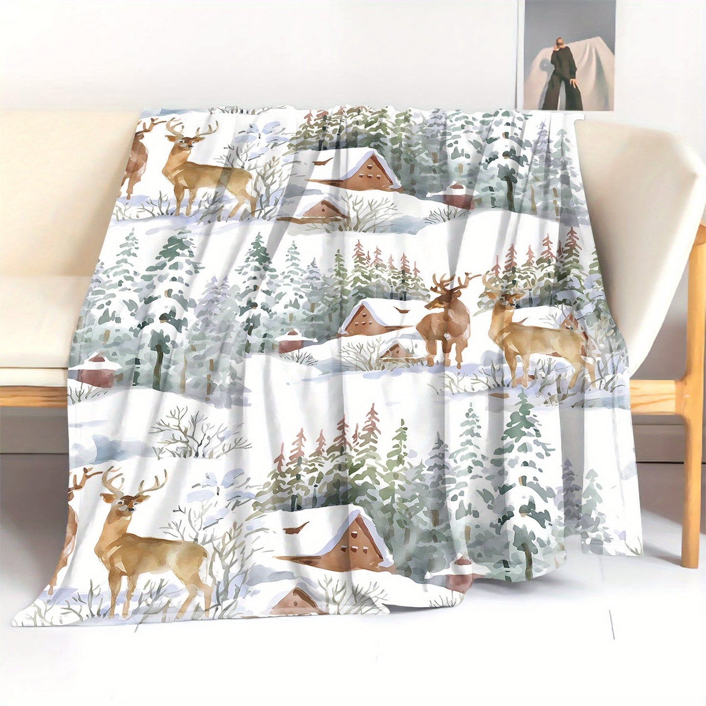 Flannel Throw Blanket featuring Deer and Snow House Design - Cozy and Soft, Perfect for All Seasons. Made from High-Quality Polyester with a Mid-Century Style Knitted Pattern and Digital Print. Lightweight and Ideal for Use on Beds, Sofas, Offices, and