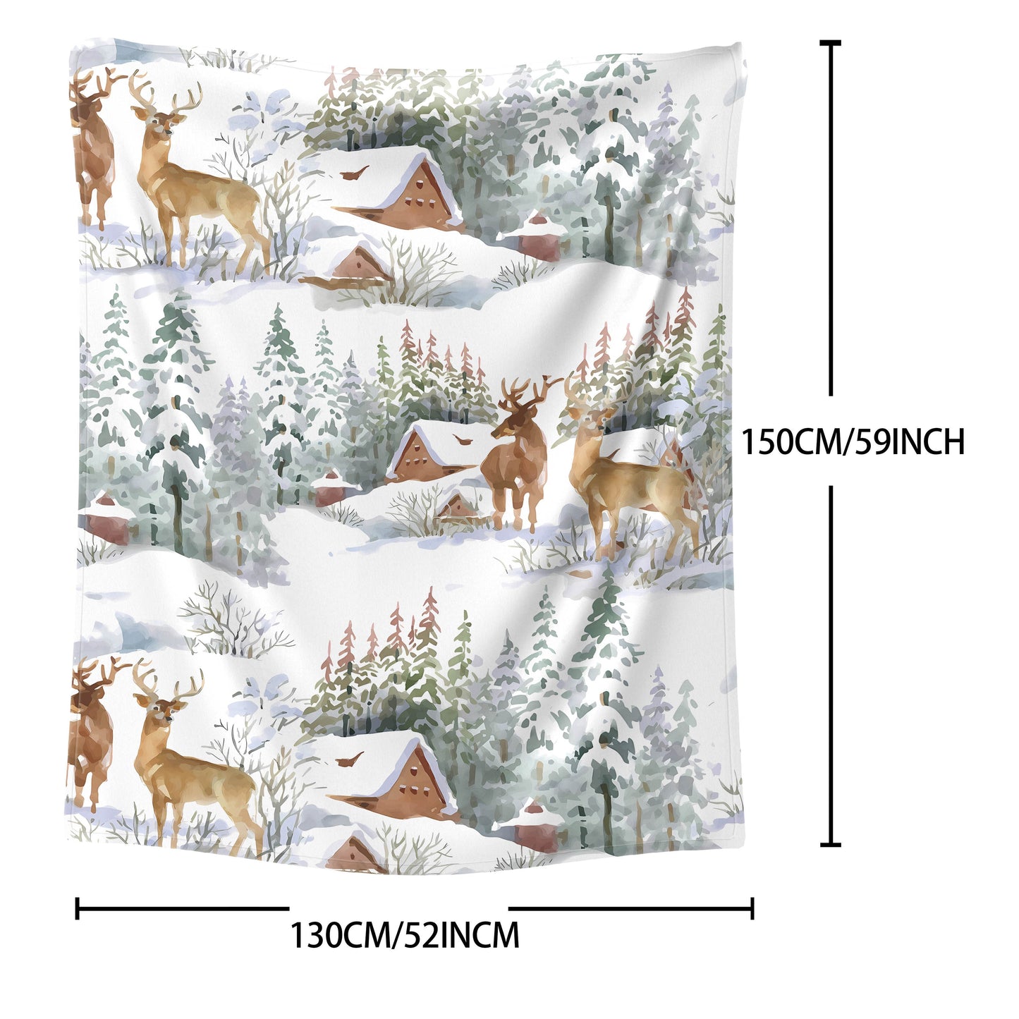 Flannel Throw Blanket featuring Deer and Snow House Design - Cozy and Soft, Perfect for All Seasons. Made from High-Quality Polyester with a Mid-Century Style Knitted Pattern and Digital Print. Lightweight and Ideal for Use on Beds, Sofas, Offices, and