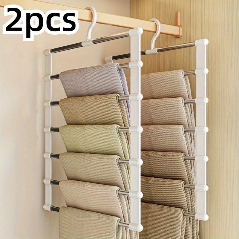 2 Space-Saving Foldable Pants Hangers - Stainless Steel Closet Organizer for Jeans, Leggings & Trousers, Ideal for Shopping Malls and Retail Stores.