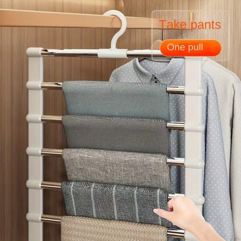 2 Space-Saving Foldable Pants Hangers - Stainless Steel Closet Organizer for Jeans, Leggings & Trousers, Ideal for Shopping Malls and Retail Stores.