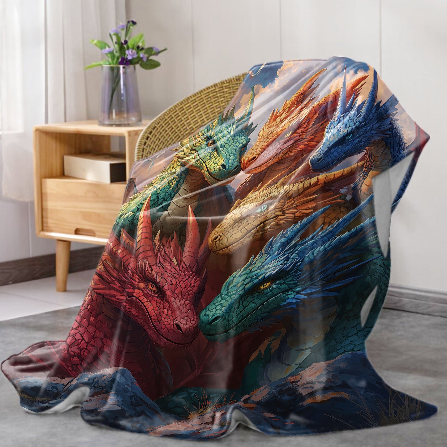 Soft and cozy, this all-season mid-century style Fantasy Dragons flannel fleece throw blanket is perfect for adding a touch of magic to any room. Made from high-quality polyester, this knitted blanket features a digital print in multiple colors. With a