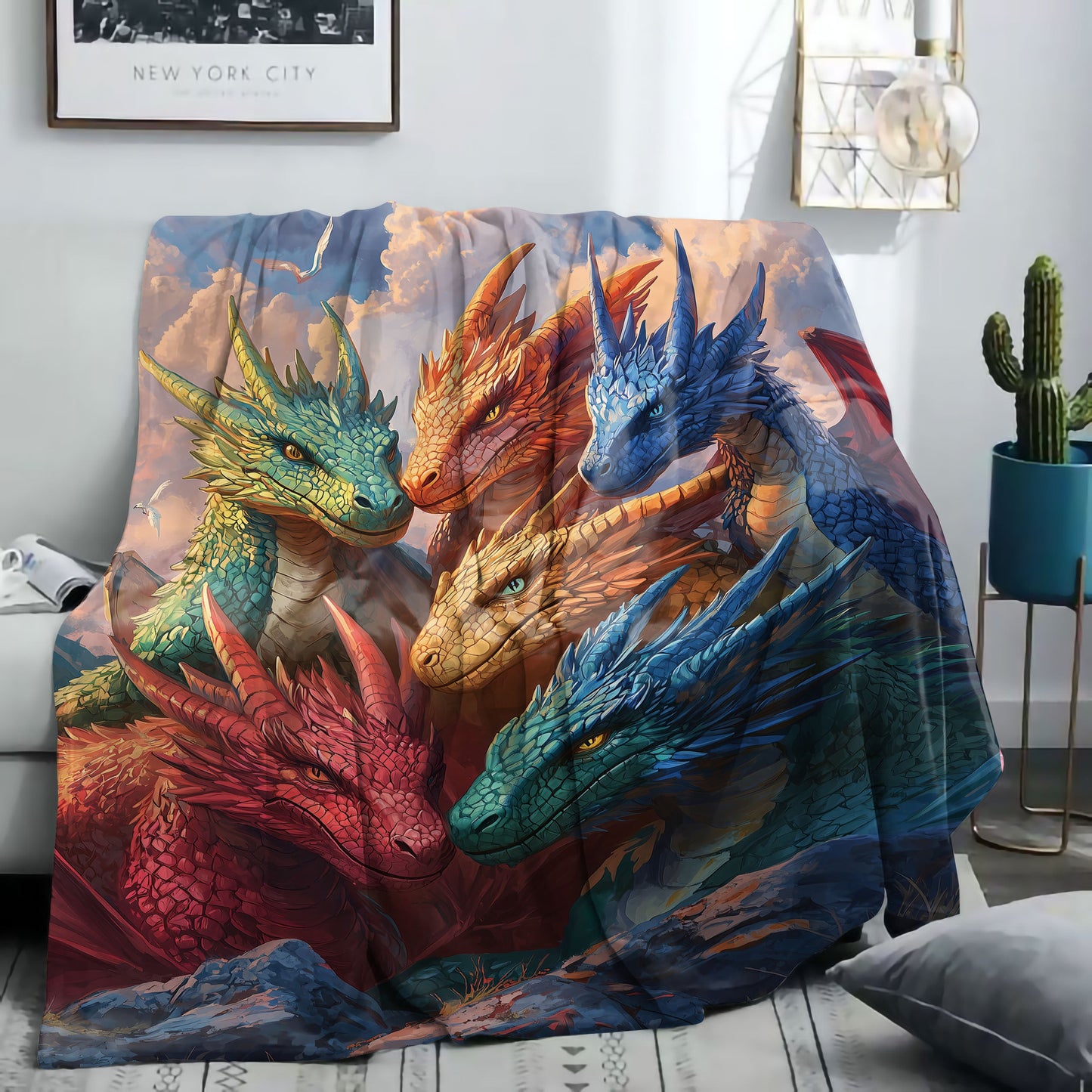 Soft and cozy, this all-season mid-century style Fantasy Dragons flannel fleece throw blanket is perfect for adding a touch of magic to any room. Made from high-quality polyester, this knitted blanket features a digital print in multiple colors. With a