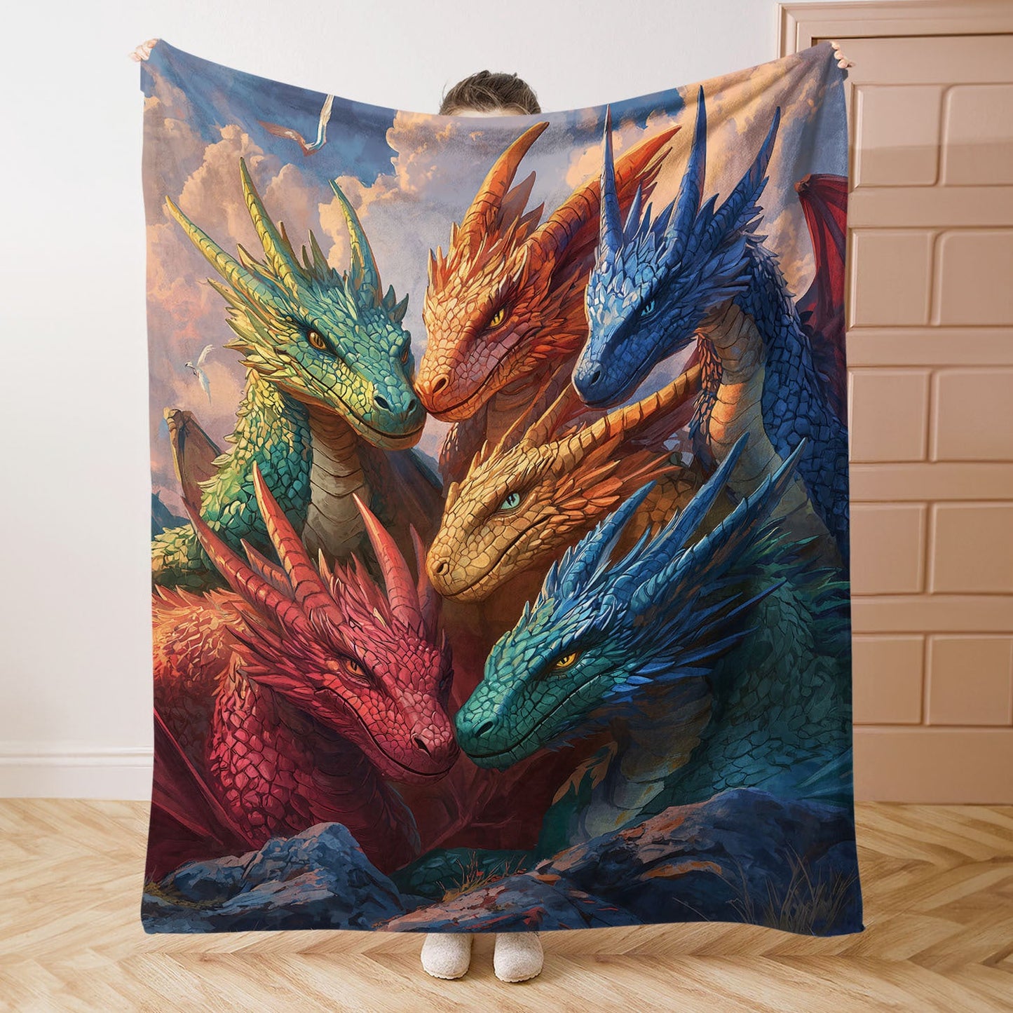 Soft and cozy, this all-season mid-century style Fantasy Dragons flannel fleece throw blanket is perfect for adding a touch of magic to any room. Made from high-quality polyester, this knitted blanket features a digital print in multiple colors. With a