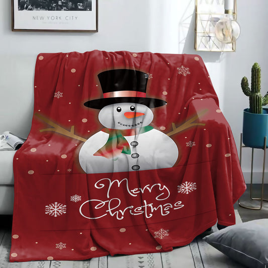 Soft flannel throw blanket featuring a Christmas snowman print. Made of 100% polyester and suitable for all seasons. Perfect for beds, sofas, and offices, with a festive red mid-century style decoration through digital printing.