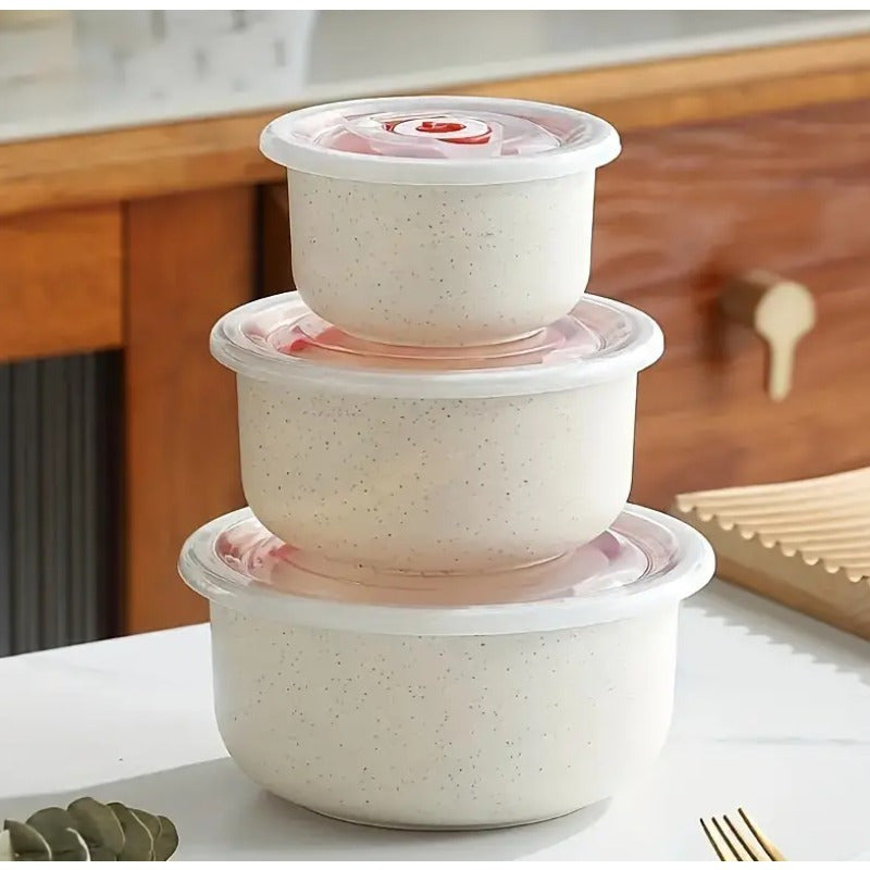 These wheat straw preservation bowls come in a set of three, perfect for storing vegetables, fruits, and dry foods. The microwave-safe round lunch boxes feature lidded sealed storage, making them suitable for on-the-go meals. Ideal for cafeterias