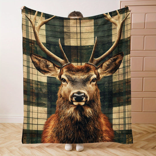 Christmas Deer Portrait Flannel Blanket - 1pc, Soft Knitted Throw with Digital Print, Suitable for All Seasons, Mid-Century Style in Mixed Colors. Made of Polyester material weighing 200-250gsm. Perfect for use on Bed, Sofa, Office or while Camping.