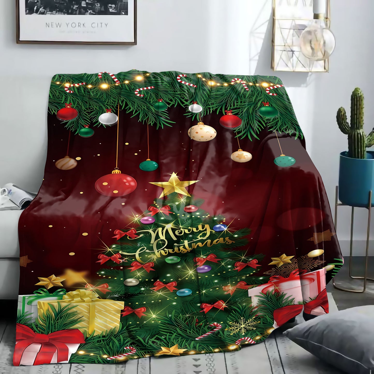 Stay warm and cozy this holiday season with our 1PC Mid-Century Christmas Tree & Gifts Digital Print Flannel Throw Blanket. Made from soft and comfortable all-season polyester, this knitted blanket is perfect for the bed, sofa, office, or camping. With a