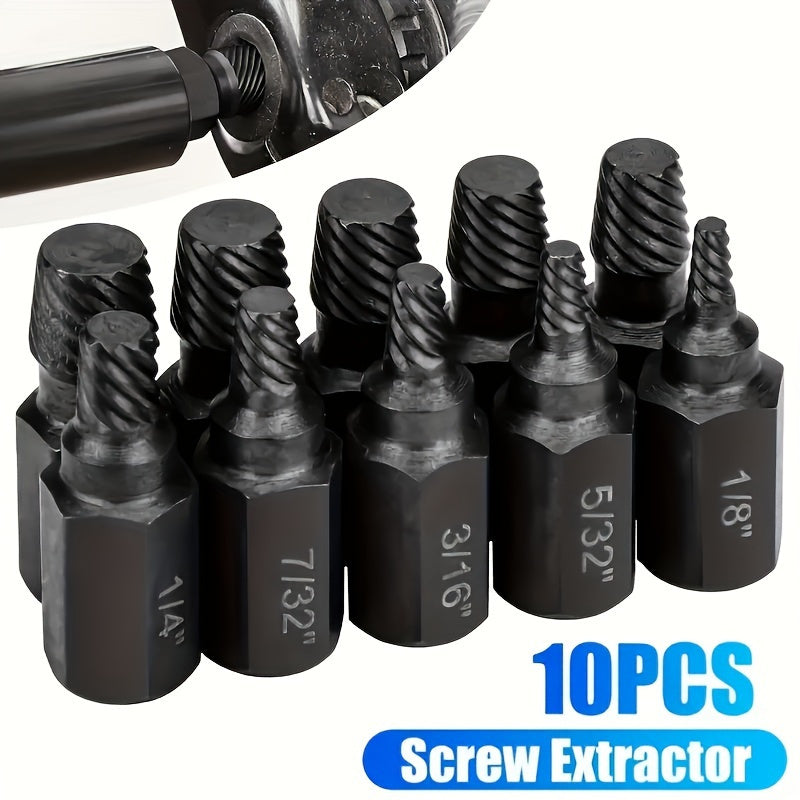 Industrial-grade 10 piece screw extractor set removes damaged bolts and hex screws effortlessly. Made of alloy steel, this non-electric and battery-free tool kit is perfect for damage