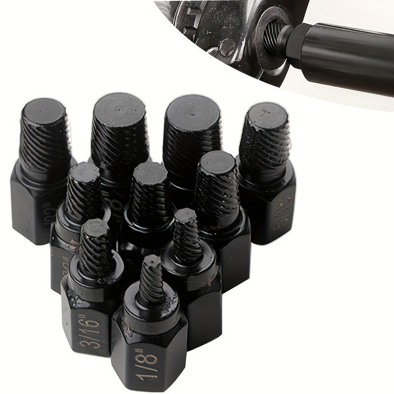 Industrial-grade 10 piece screw extractor set removes damaged bolts and hex screws effortlessly. Made of alloy steel, this non-electric and battery-free tool kit is perfect for damage