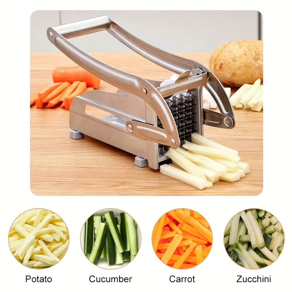 Stainless Steel Fruit and Vegetable Cutter Set - includes Potato Chipper, French Fries Cutter, Potato Slicer, Onion Chopper, and Heavy Duty Chopper for Potato, Carrot, and Cucumber. This kitchen tool set is perfect for all your chopping needs and is a