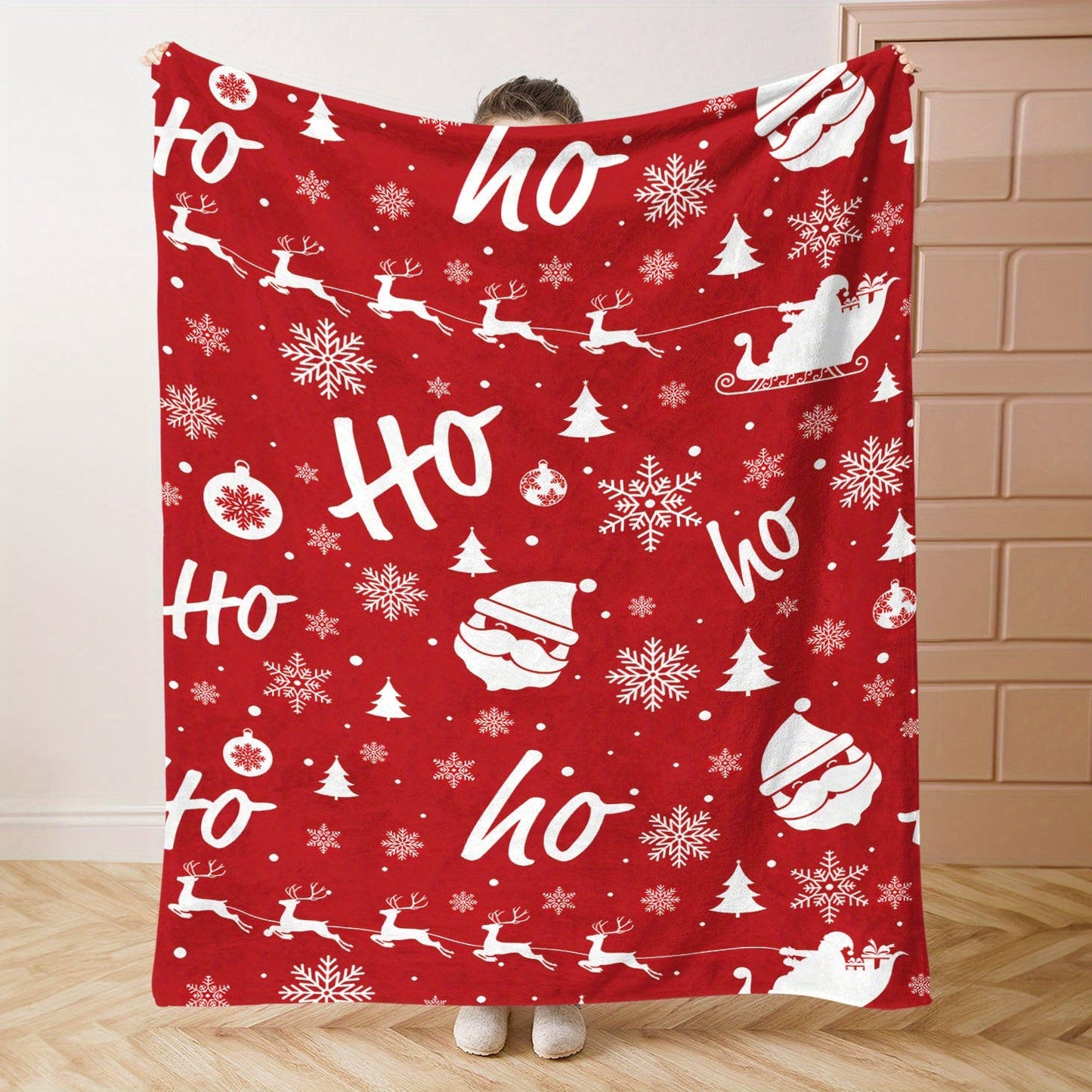 Christmas Flannel Throw Blanket featuring Santa Claus & Moose Cartoon Print, Soft & Cozy for All Seasons. Made with 200-250g Fabric, Knit Polyester Cover and Mid-Century Style. Perfect for Bed, Sofa, Office, or Camping.