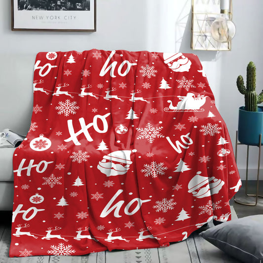 Christmas Flannel Throw Blanket featuring Santa Claus & Moose Cartoon Print, Soft & Cozy for All Seasons. Made with 200-250g Fabric, Knit Polyester Cover and Mid-Century Style. Perfect for Bed, Sofa, Office, or Camping.