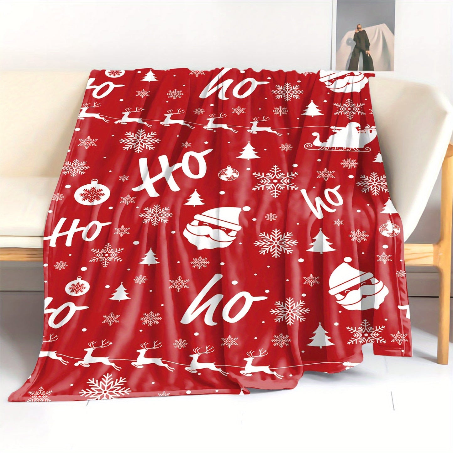 Christmas Flannel Throw Blanket featuring Santa Claus & Moose Cartoon Print, Soft & Cozy for All Seasons. Made with 200-250g Fabric, Knit Polyester Cover and Mid-Century Style. Perfect for Bed, Sofa, Office, or Camping.