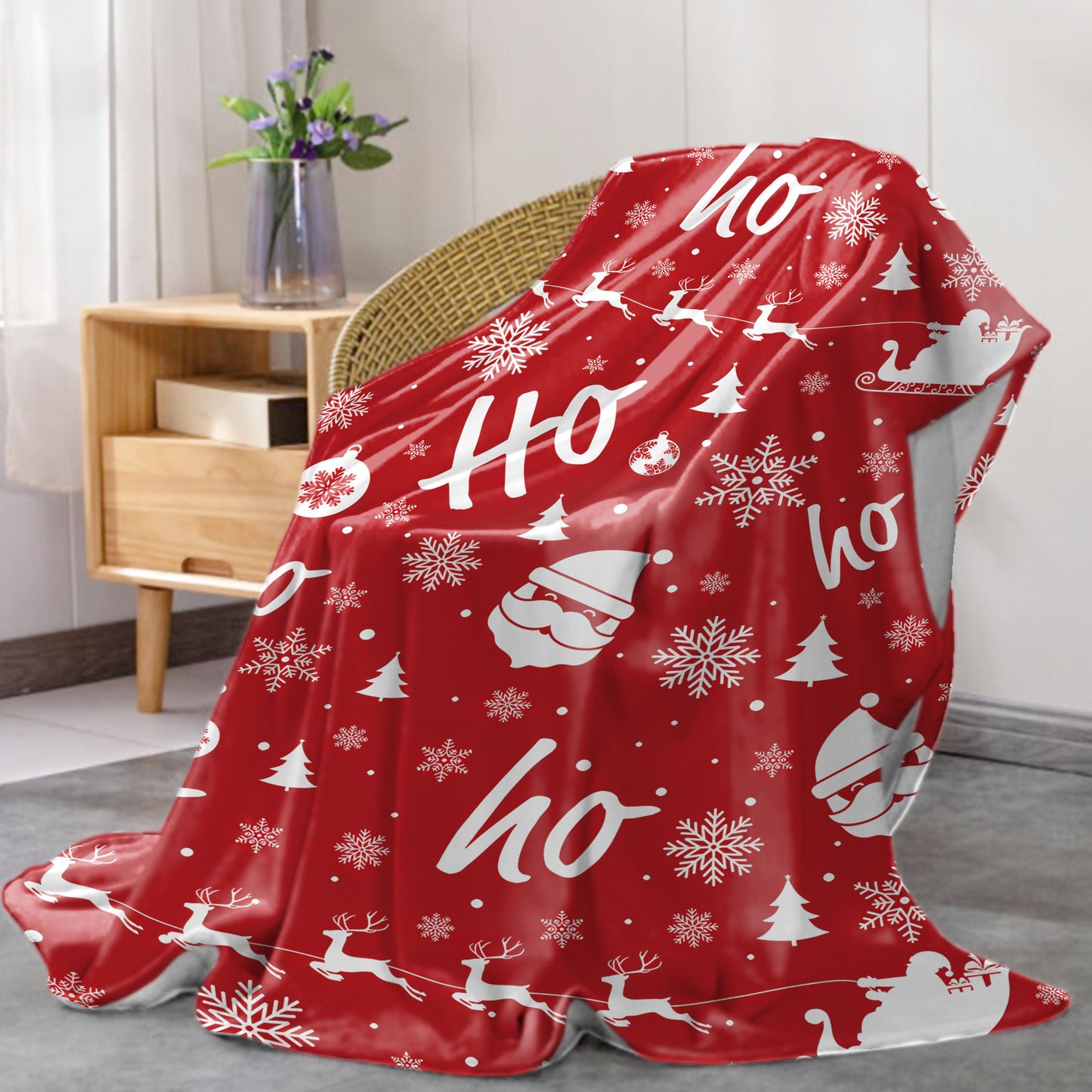 Christmas Flannel Throw Blanket featuring Santa Claus & Moose Cartoon Print, Soft & Cozy for All Seasons. Made with 200-250g Fabric, Knit Polyester Cover and Mid-Century Style. Perfect for Bed, Sofa, Office, or Camping.