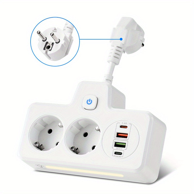 Power strip with switch, 2 Euro plug sockets, 2 USB & 2 Type-C ports charger, 9 non-slip pads, desk mounted adapter with night light, wall-mounted dual socket, for home, office, and travel.