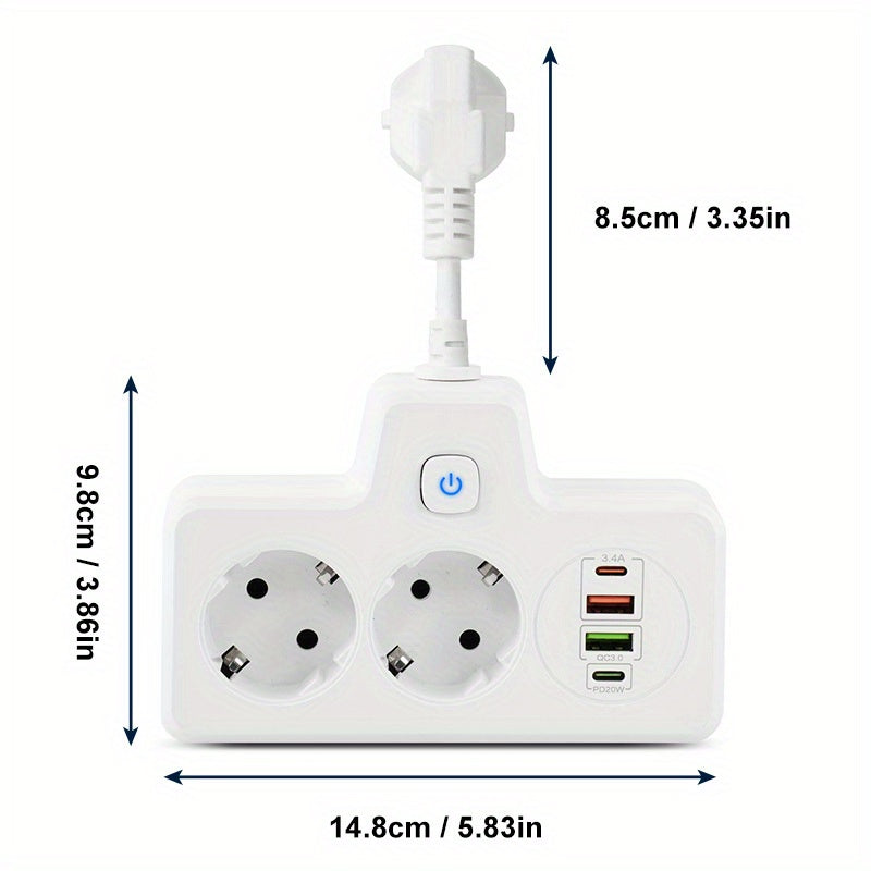 Power strip with switch, 2 Euro plug sockets, 2 USB & 2 Type-C ports charger, 9 non-slip pads, desk mounted adapter with night light, wall-mounted dual socket, for home, office, and travel.