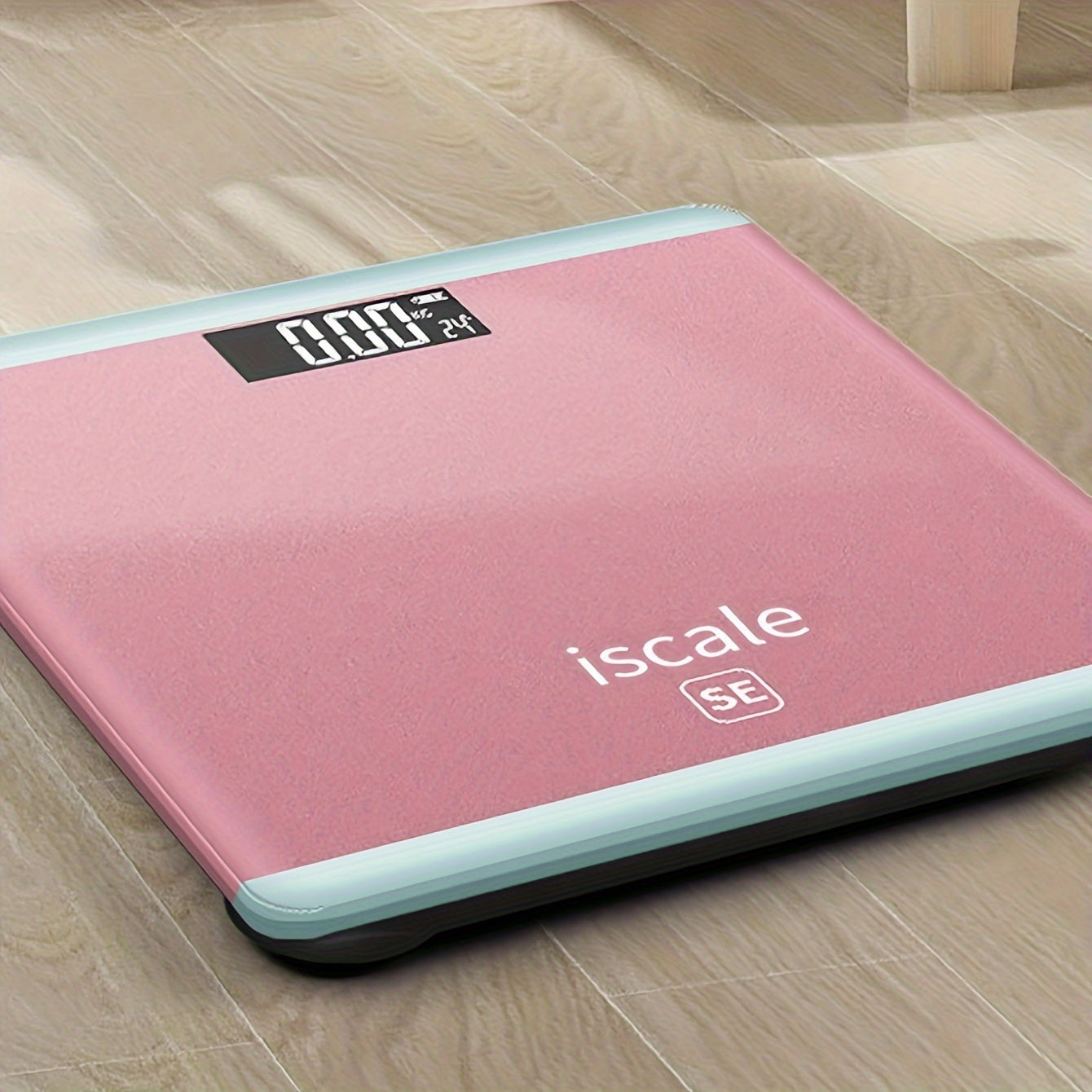 Pink Smart Digital Body Scale with large display and battery-free operation, ideal for home use (battery not included).