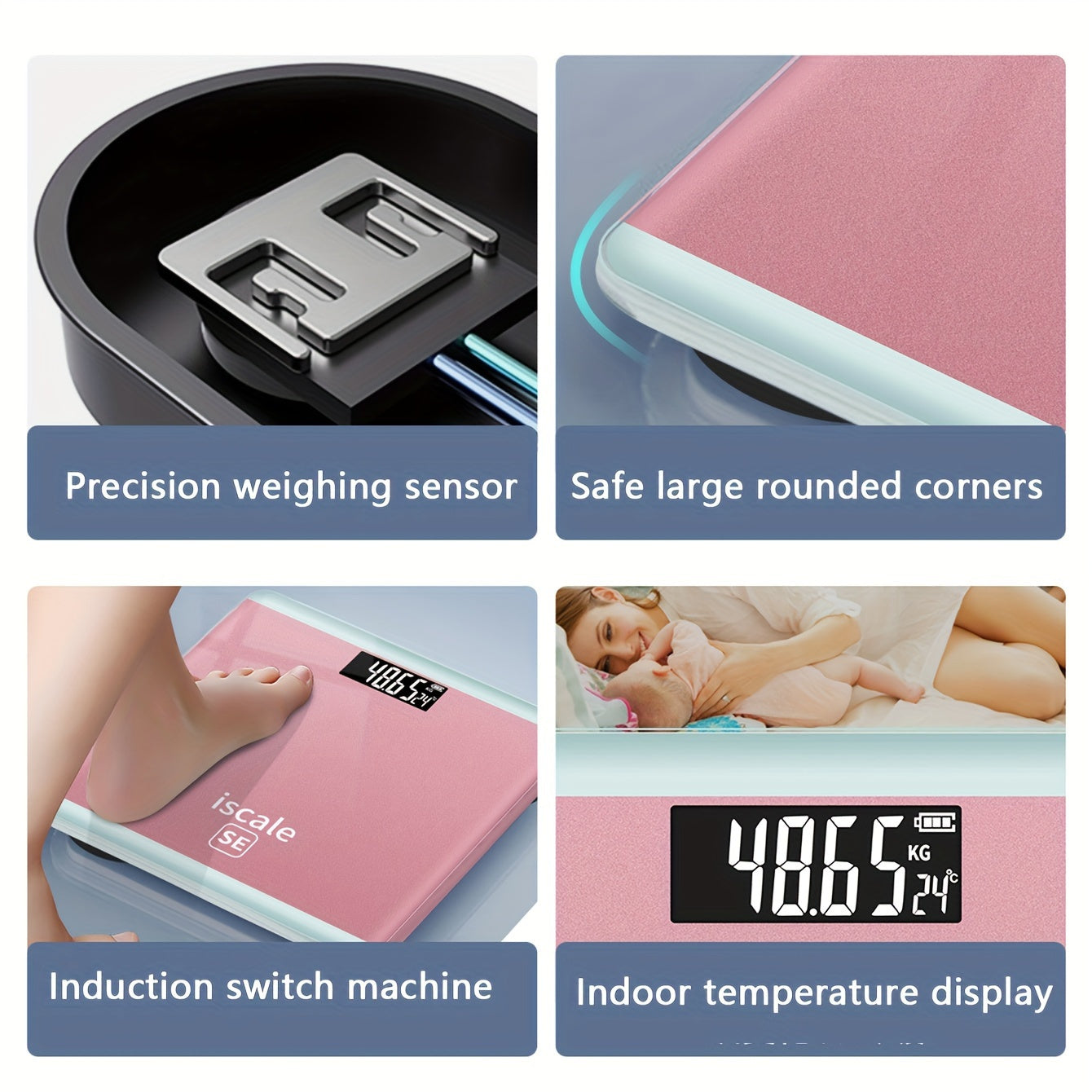 Pink Smart Digital Body Scale with large display and battery-free operation, ideal for home use (battery not included).