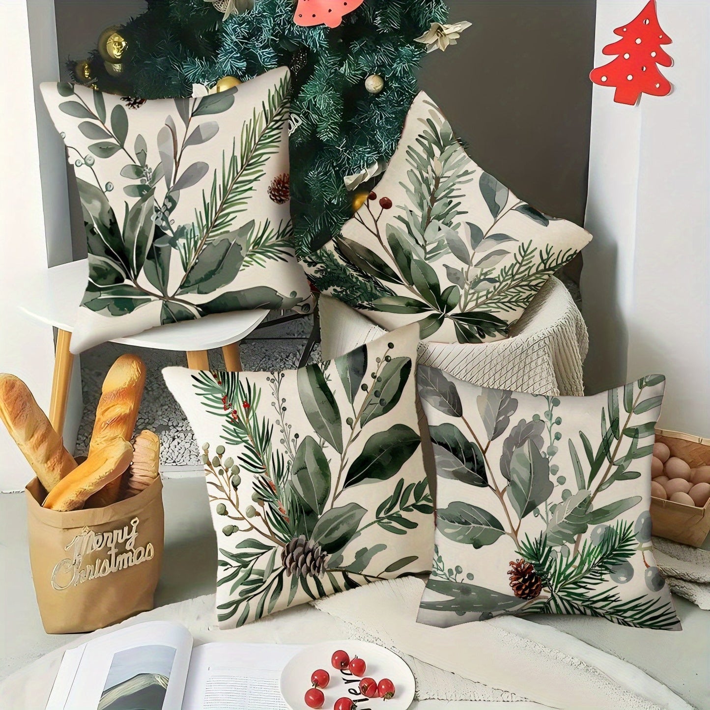 Christmas Pinecone Linen Pillow Covers - Set of 4 or Individual, 45x45cm, Green Contemporary Style, Zipper Closure, Machine Washable, Decorative Cushion Cases for Sofa, Living Room, Bedroom - Perfect for Festive Holiday Decor