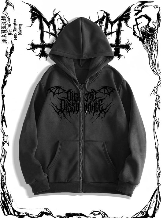 Men's Gothic Dark Print Hooded Sweatshirt with Zipper, Regular Fit, Fall/Winter Collection, 250g/m² Fabric Weight.