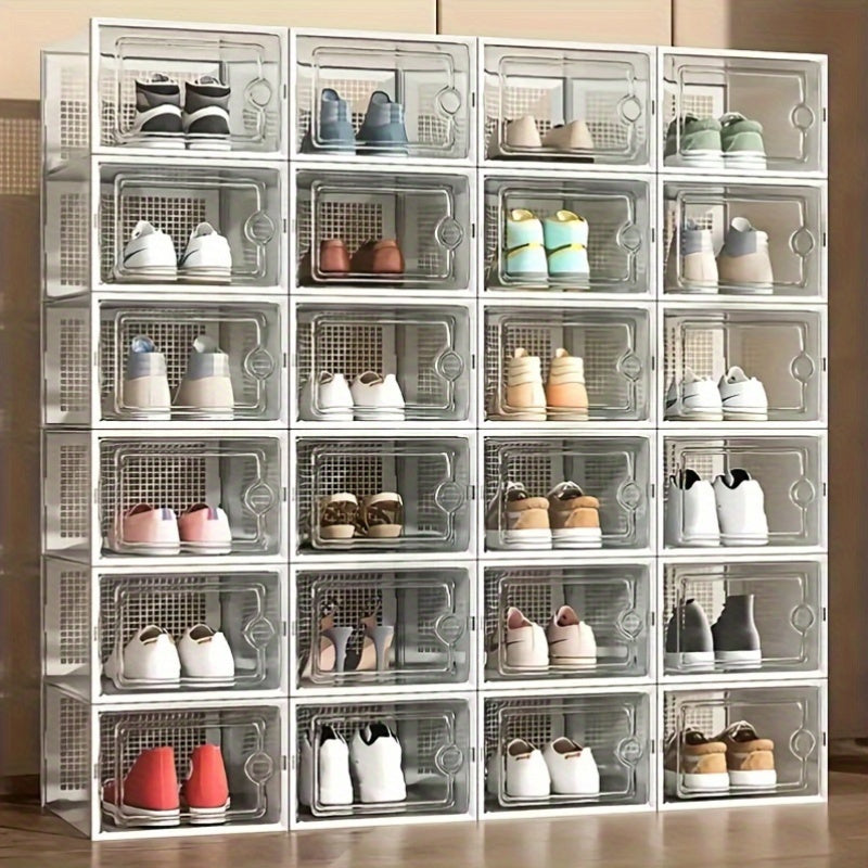 An assortment of clear plastic shoe containers in different dimensions, created for easy stacking and acting as multiple-tier shoe storage units that keep dust at bay. These adaptable shoe organizers are ideal for showcasing in homes and dorm rooms