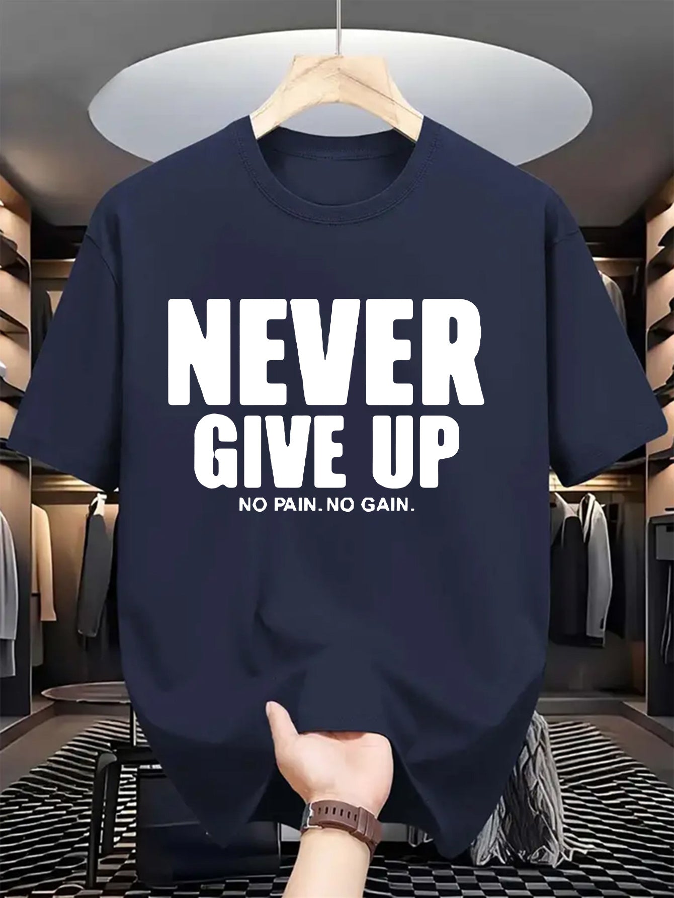 Men's casual crew neck t-shirt with "Never Give Up" print, made of polyester knit fabric with a slight stretch for a regular fit. Perfect for daily wear in summer with short sleeves.