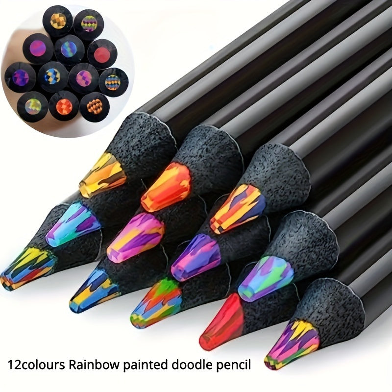 12-pack of rainbow gradient pencils with dust-free 2mm+ lead, suitable for ages 14+. Made of wood, ideal for drawing and writing.