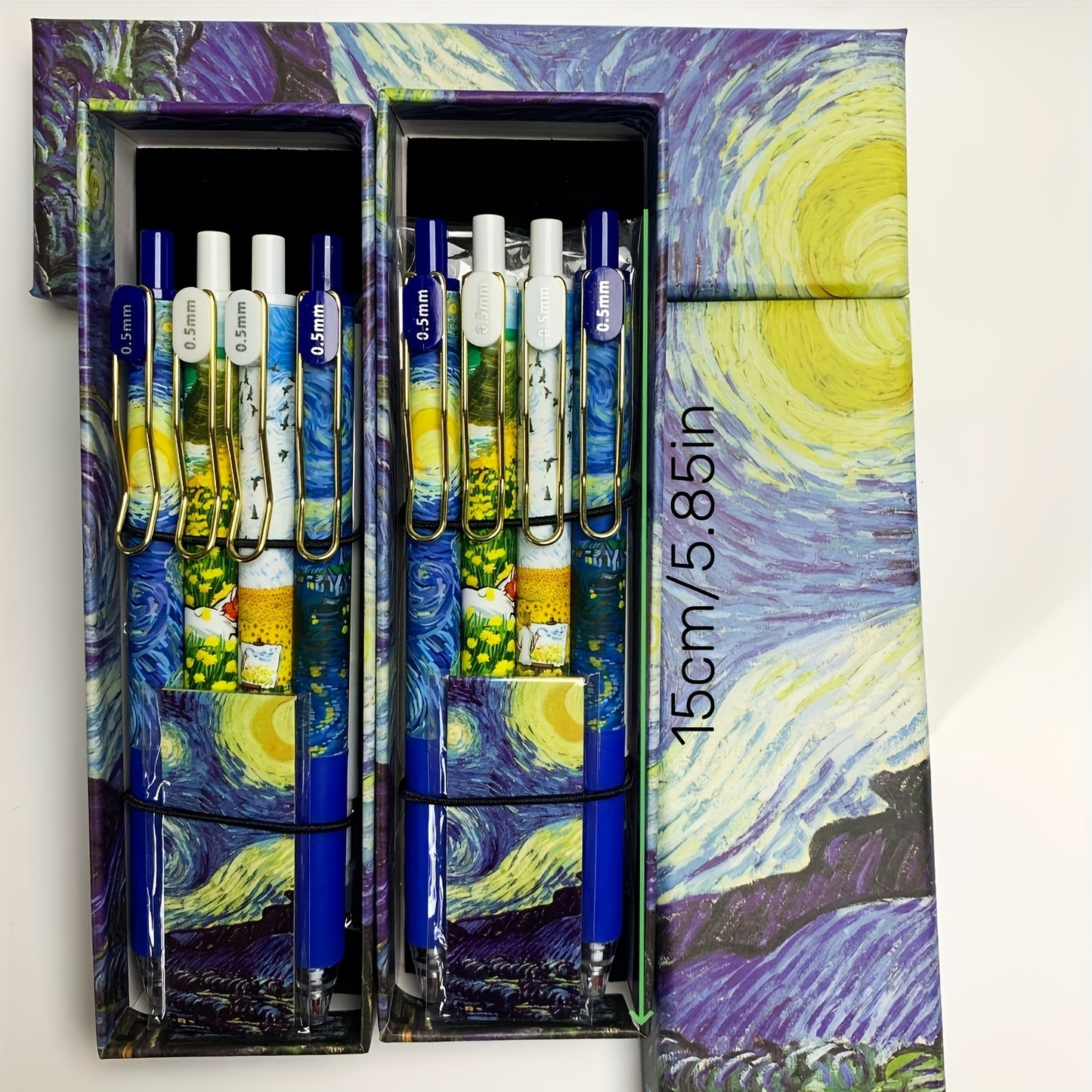 4pcs Set of Van Gogh Starry Night Pens with retractable 0.5mm fine tip, high quality and smooth writing. Ideal for diaries and school supplies.