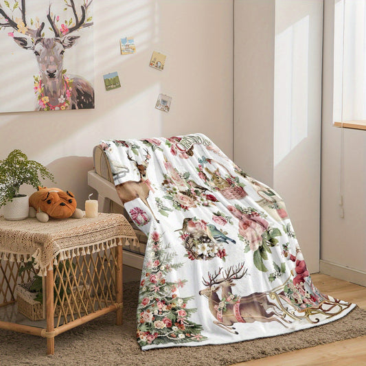 Stay cozy this Christmas season with our festive 1-piece Flannel Christmas Throw Blanket featuring Santa Claus, floral, and elk designs. This soft, warm, and cozy blanket is perfect for snuggling up on the sofa, bed, or office chair. With its