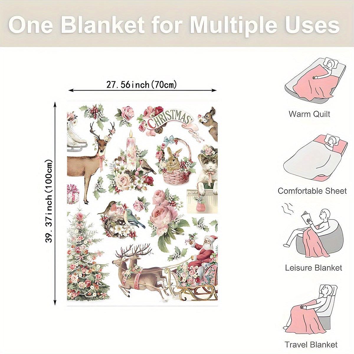 Stay cozy this Christmas season with our festive 1-piece Flannel Christmas Throw Blanket featuring Santa Claus, floral, and elk designs. This soft, warm, and cozy blanket is perfect for snuggling up on the sofa, bed, or office chair. With its